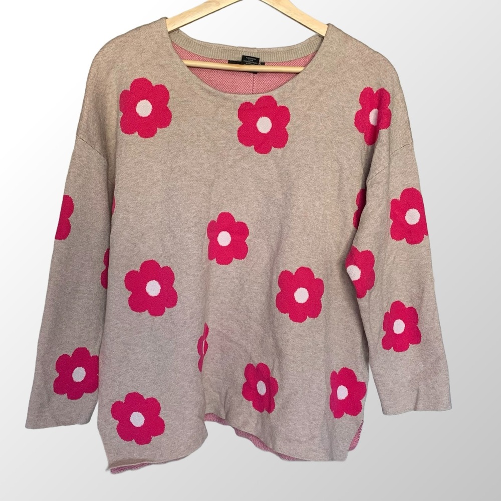 Tahari Womens 1X Tan and Pink Floral Sweater With Button Back